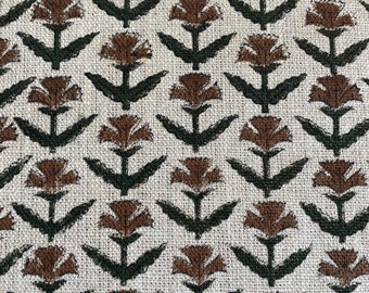 Puede incluir: Primer plano de una tela con un patrón floral repetido. Las flores son marrones con tallos y hojas de color verde oscuro, sobre un fondo neutro y texturizado. El diseño simétrico evoca una estética vintage.