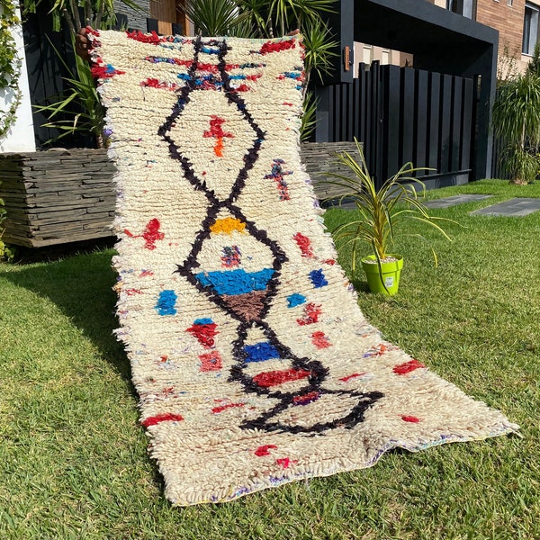 Tapis Marocain Boujaad - 7x9.6 Ft - Laine Tissée Main - Motifs Berbères Géométriques - Multicolore