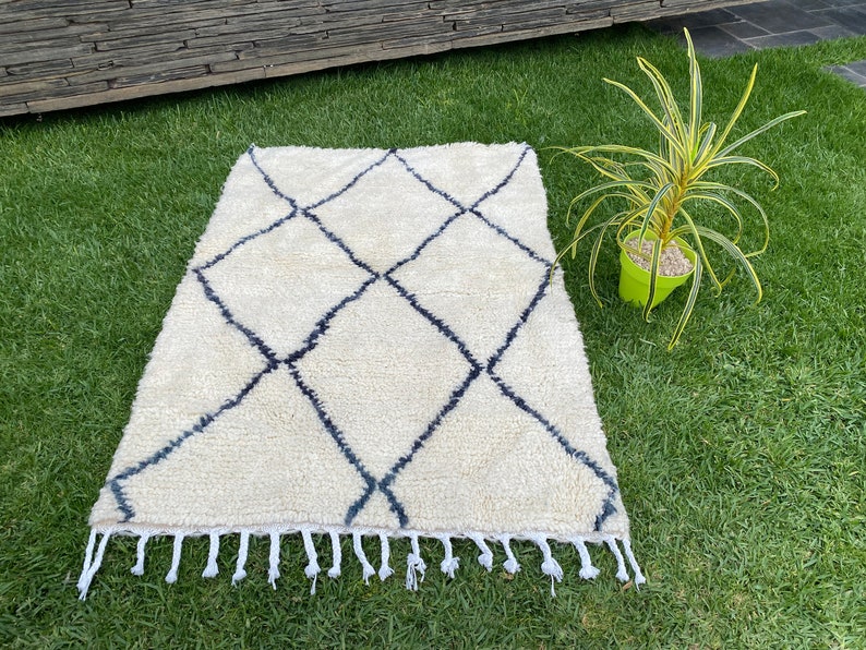 Moroccan Rug Wool Beni Ourain Rug White and Black Rug Striped Beni
