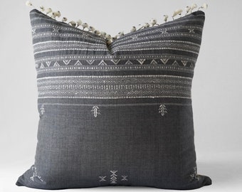 woven wool pillow cover. Dark blue throw pillow. Indian handmade pillow. Pillow with fringes. designer handmade pillow