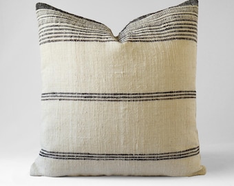 20x20 Ivory woven wool pillow cover. Beige wool throw pillow. Indian handmade pillow. black and off white stripe throw pillow.