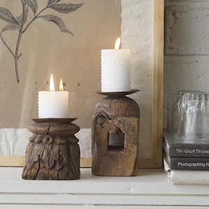 set of 2 Vintage wood candle holders. Rustic carved wood candle holder. indian wooden Pillar candle holder.  rustic candle holder.