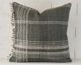 22x22 woven wool pillow cover. indian wool throw pillow. handmade pillow. greenish grey side fringe throw pillow. Bhujodhi pillow cover