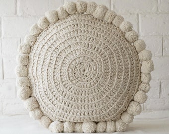 off white round pom pom cushion cover. handmade round pom pom pillow cover. knitted round macrame cotton pom pom throw pillow cover.