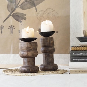 set of 2 Vintage wood candle holders. Rustic wood candle stand. reclaimed wood farmhouse candle stand. indian wooden Pillar candle holder