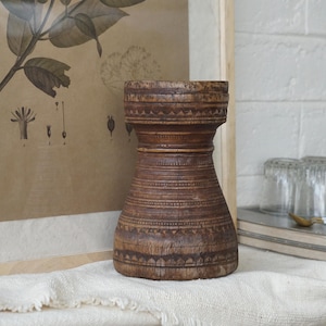 vintage wood vase. rustic reclaimed wood vase. primitive indian wood decor. rustic wood flower vase. antique indian storage pot.