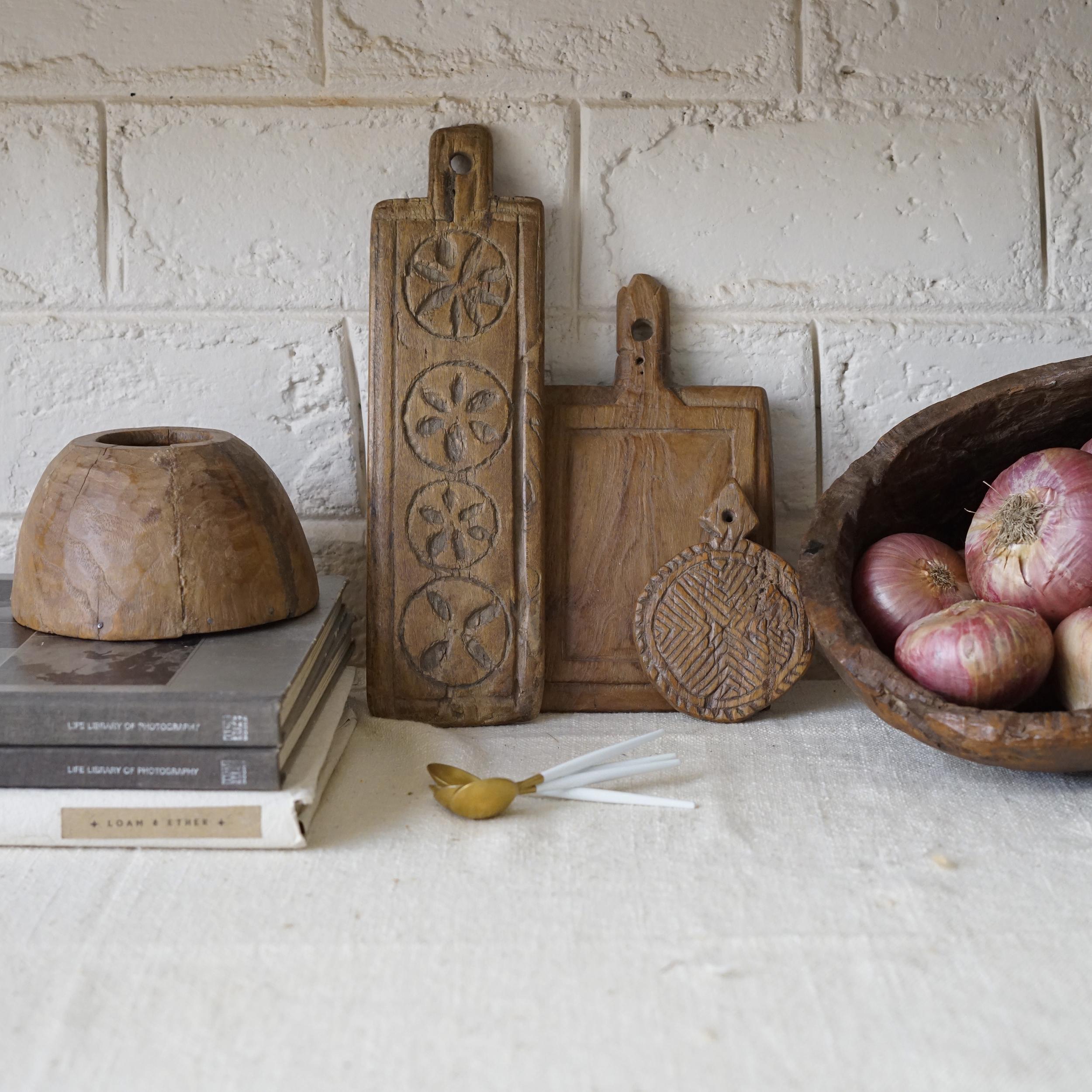 set of FOUR vintage decor. reclaimed decorative serving board. trinket dish. rustic bread board. primitive wood vase.