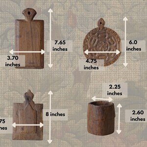May include: A collection of four handcrafted wooden items. Includes a rectangular cutting board (3.70 x 7.65 inches), a round carved piece (4.75 x 6.0 inches), a rectangular piece with a crown (4.75 x 8 inches), and a small barrel (2.25 x 2.60 inches).