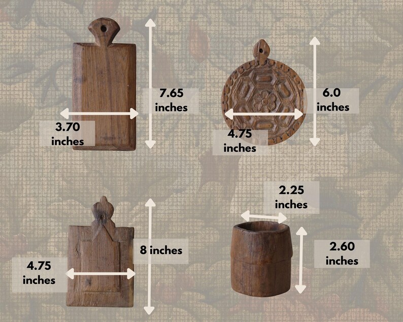 May include: A collection of four handcrafted wooden items. Includes a rectangular cutting board (3.70 x 7.65 inches), a round carved piece (4.75 x 6.0 inches), a rectangular piece with a crown (4.75 x 8 inches), and a small barrel (2.25 x 2.60 inches).