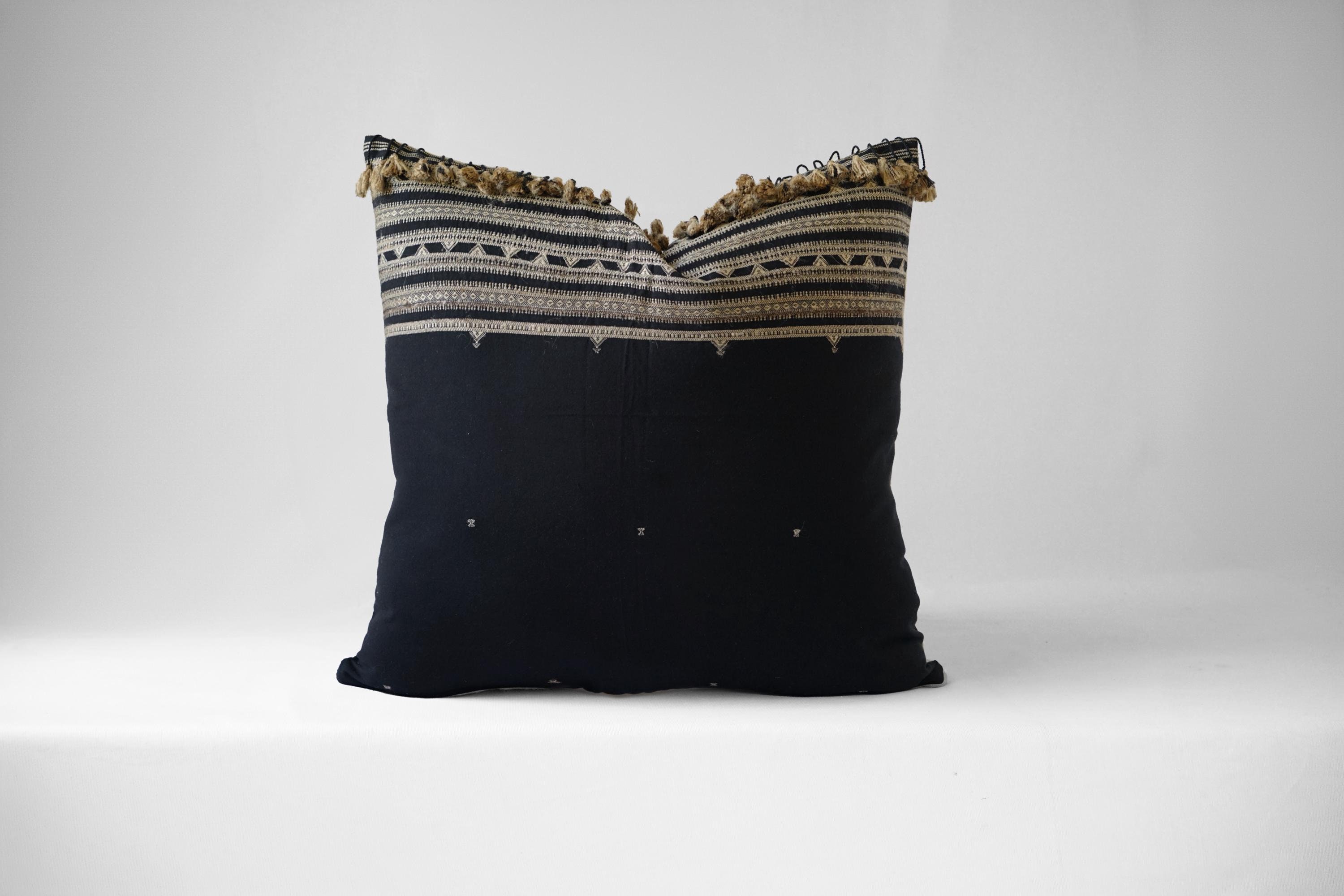 Black woven cotton pillow cover. cotton silk throw pillow. Indian handmade pillow. handwoven fringe throw pillow.