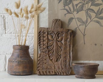 set of THREE vintage decor. reclaimed CARVED decorative serving board. vintage wood bowl. rustic bread board. primitive wood vase.