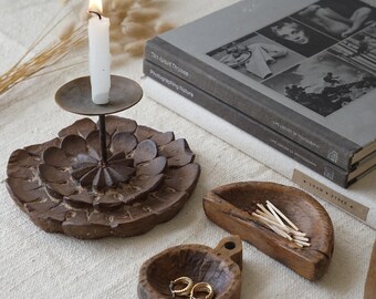 SET OF 3- Vintage decor. Rustic flower carved wood candle holder. iron candle stand. wood jewellery dish. repurposed trinket dish.