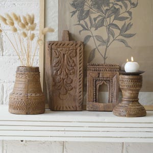 set of FOUR vintage decor. reclaimed decorative serving board. vintage decorative frame. rustic bread board. primitive wood vase.