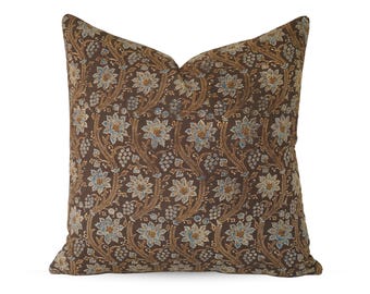 Hand block print brown cushion. brown floral throw pillow. Indian handmade pillow. designer pattern throw pillow