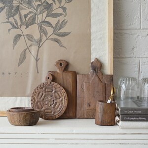 May include: A collection of rustic wooden kitchenware, including cutting boards, a small bowl, and a utensil holder. The cutting boards have unique shapes and carved details. A botanical print and books are in the background.