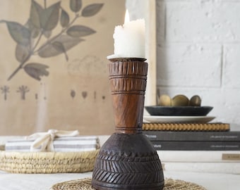 Vintage wood candle holders. Rustic carved wood candle holder. reclaimed wood candlestand. Old wood candlestick. Pillar candle holder indian