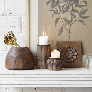 Set of 4 Vintage decor. Rustic carved wood candle holder. indian wooden Pillar candle holder. vintage frame. vintage pot. rustic vase