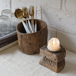 vintage wood vase & reclaimed wood candle holder. rustic reclaimed wood kitchen utensil holder. primitive indian wood decor.