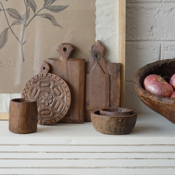 Rustic Reclaimed Wood Serving Board Set: Vintage Decor Bowls & Cup