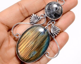 Handcrafted Labradorite and Larvikite Pendant, Sterling Silver