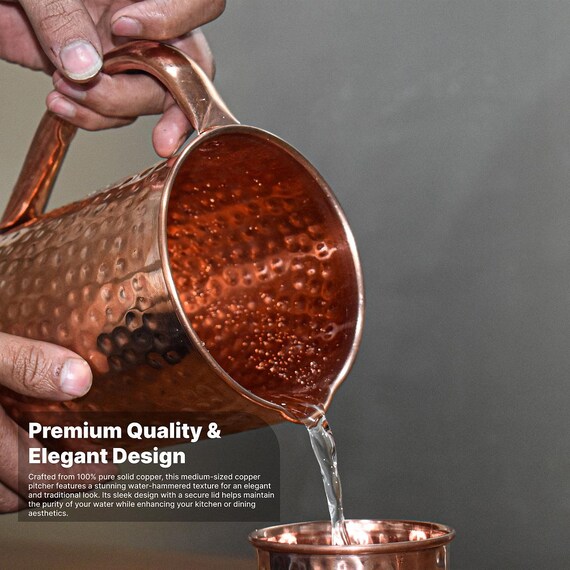 100% Pure Copper Jug for Drinking Water, Hammered Copper Pitcher Cup, High Quality Copper Water Jug Handmade India Ayurveda Yoga, Flask Jar