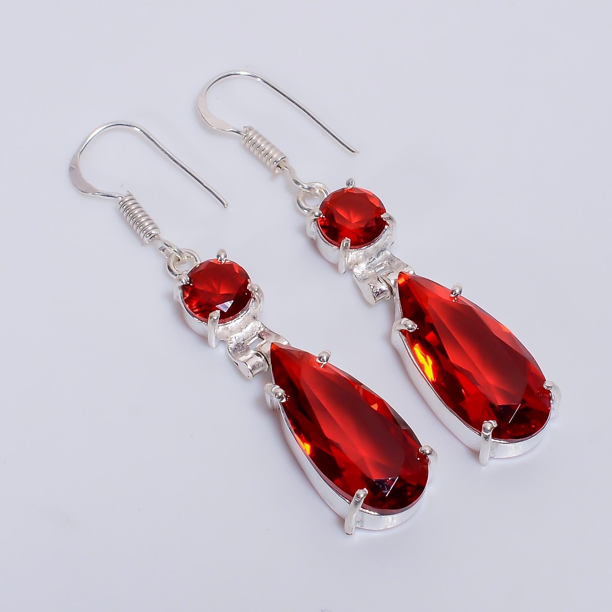 thumbnail image 2 of Natural Red Garnet Gemstone Dangle Earrings – Round Flower Design – Silver 2 of 6