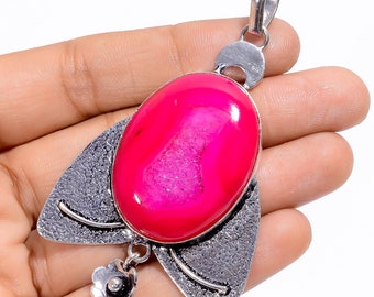 Pink Botswana Agate Druzy Pendant 925 Sterling Silver Pendant Pink Stone Pendant Necklace Chain Necklace Christmas Gift for Women