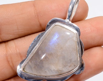 Collier Pierre De Lune Arc-en-Ciel - Argent Sterling 925 - Fait Main - Longueur 18 Pouces - Neuf Sans Emballage