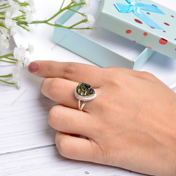 thumbnail image 2 of Rough Moldavite Ring: 925 Sterling Silver, Genuine Czech Stone 2 of 13