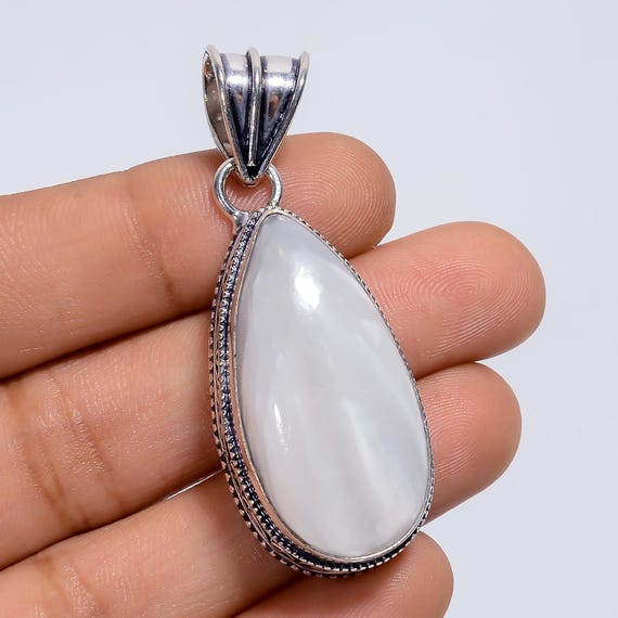 White Moonstone Gemstone Pendant Necklace in 925 Sterling Silver