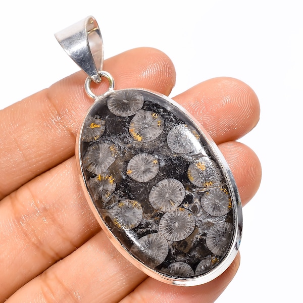Black Fossil Coral Pendant 925 Sterling Silver Pendant With Chain Pendant Necklace for Women Fossil Coral Jewelry Chain Pendant Gift for Her