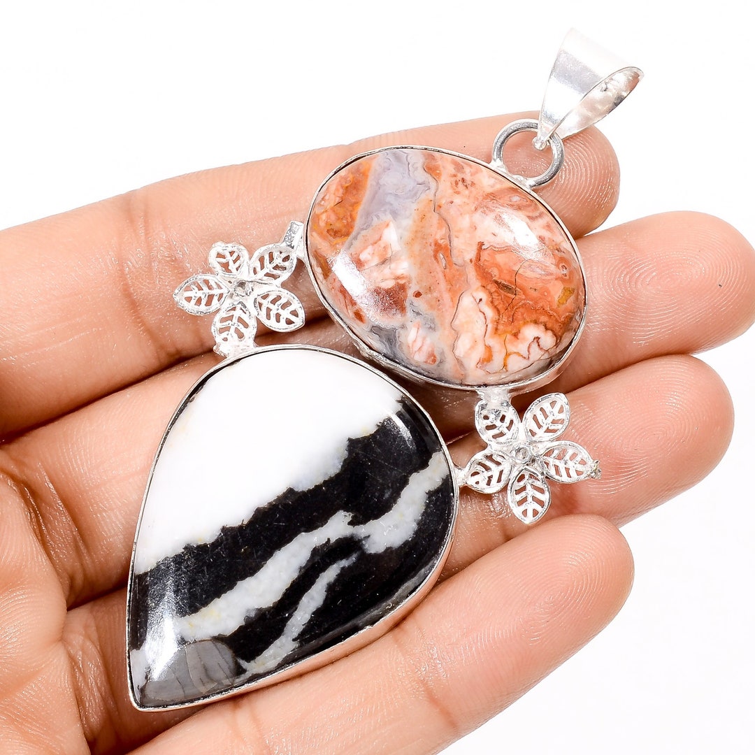 Pendentif En Argent Sterling 925 Avec Jaspe Bois Pétrifié D'Arizona - Fait Main USA - Longueur 2,75"
