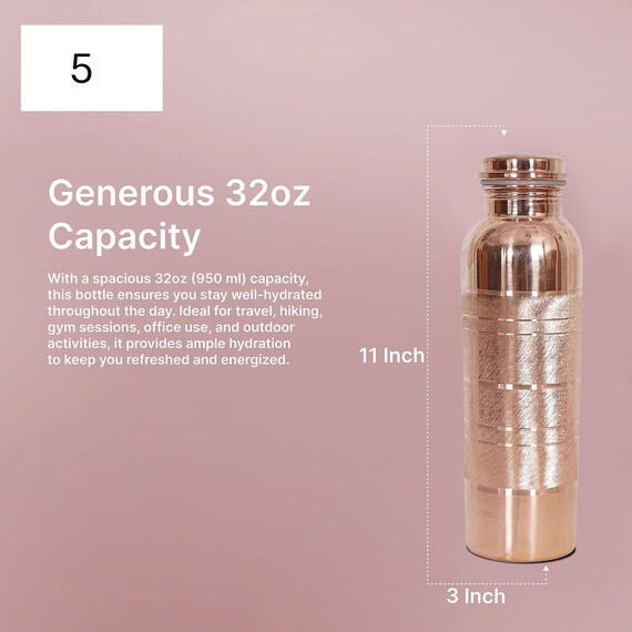 FOLK CRAFT Pure Copper Water Bottle - 32 Oz Handmade Hammered Bottle For Travel, Gym, Office, Ayurvedic Drinking