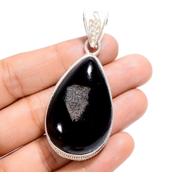 Schwarzer Onyx Druzy Anhänger Halskette Schwarzer Stein Halskette 925 Sterling Silber Halskette für Frauen Kette Halskette Anhänger Halskette Geschenk für Frauen