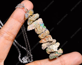 Natural Raw Ethiopian Opal Necklace Rough Opal Necklace Raw Opal Necklace 925 Sterling Silver Chain Necklaces for Women Gemstone Necklace