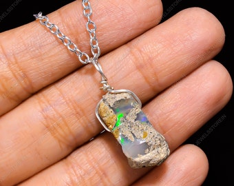 Natürliche Opal Halskette Rohe äthiopische Opal Halskette Rohe Opal Halskette Kristall Halskette Opal Schmuck 925 Sterling Silber Kette Halskette