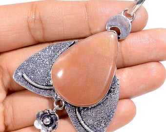 Peach Moonstone 925 Sterling Silver Handmade Statement Design Pendant Necklace with Chain Jewelry Gift for Her