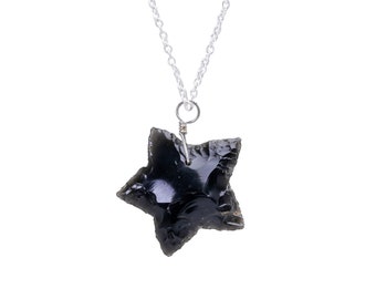 Black Obsidian Necklace Obsidian Pendant Obsidian Jewelry Gemstone Necklace Crystal Necklace Star Necklace 925 Silver Chain Necklace