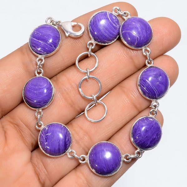 Charoite Gemstone Bracelet 925 Sterling Silver Bracelet Charoite Bracelet Handmade Statement Bracelet Charoite Jewelry Valengtines Day Gift