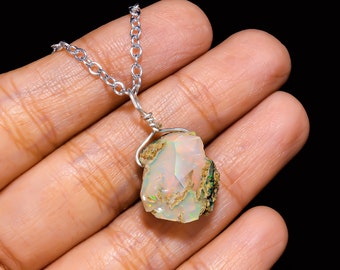 Raw Ethiopian Opal Necklace Raw Opal Pendant Raw Crystal Necklace 925 Sterling Silver Chain Necklace for Women Raw Opal Jewelry