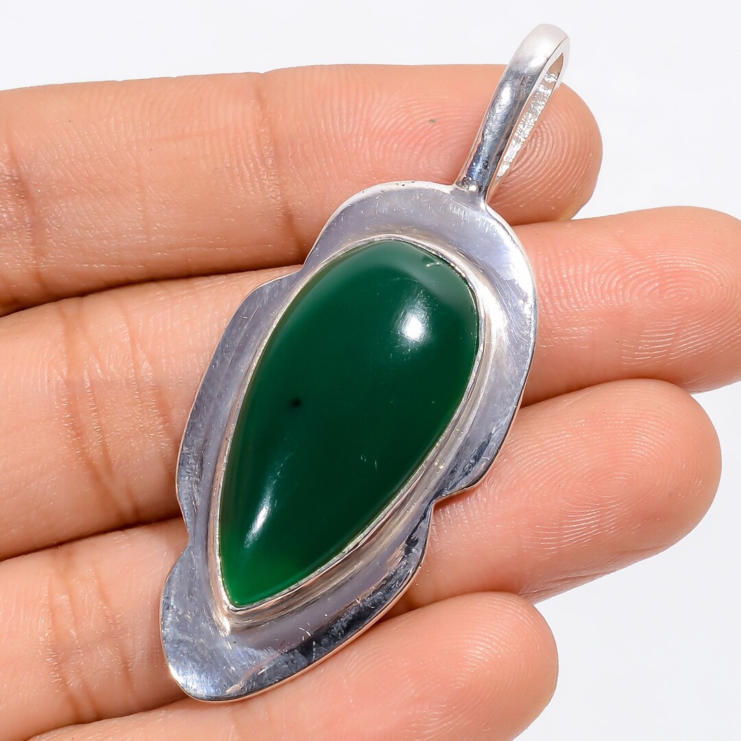 Green Chalcedony Pendant Chalcedony Necklace Green Stone Pendant 925