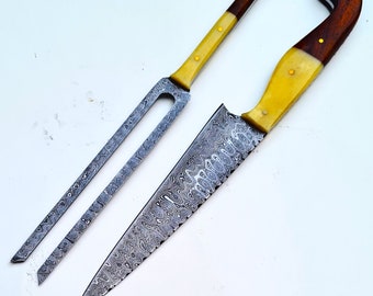 custom handmade Damascus steel steak knife and fork set with leather cover modern style.