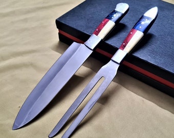 custom handmade food grade stainless steel steak knife and fork set with American flag handle