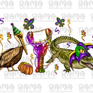 Mardi Gras Alligator Crawfish Pelican Png Sublimation Design,Mardi Gras Png,Alligator Png,Pelican Png,Crawfish Png,Mardi,Digital Download