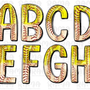 Paquete de alfabeto de garabatos de béisbol y softbol, letras PNG de béisbol, diseño de softbol png, diseño de sublimación, alfabeto de béisbol, fuente png