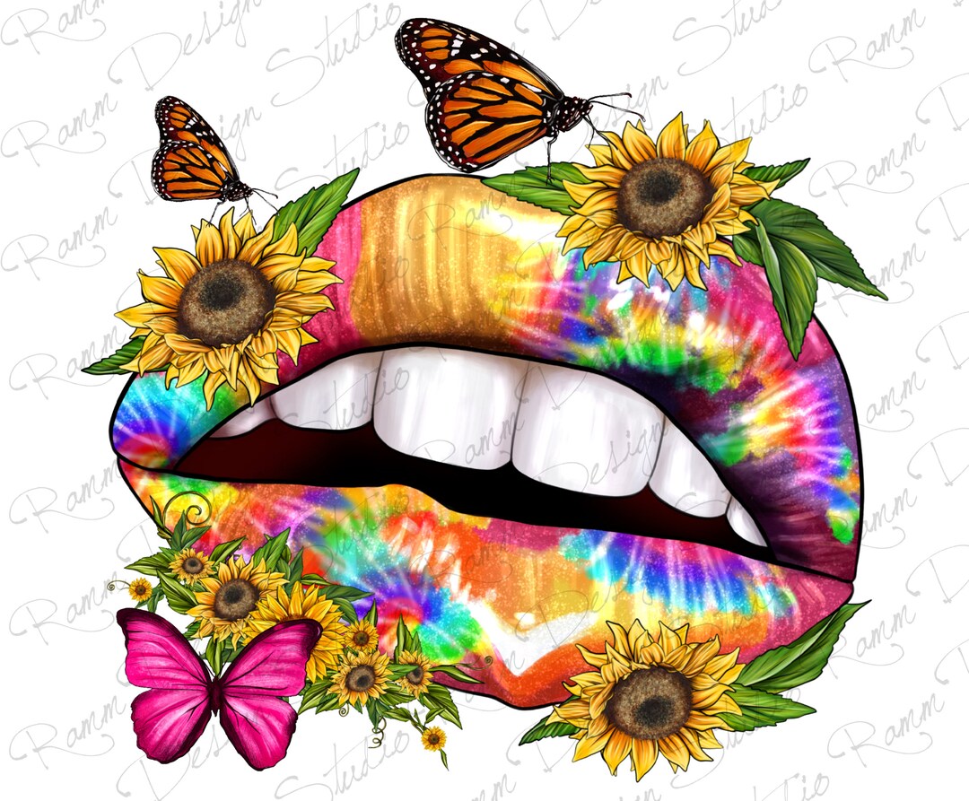 Tie Dye Flowers and Butterfly Lips Png Sublimation Design,kiss It Png ...