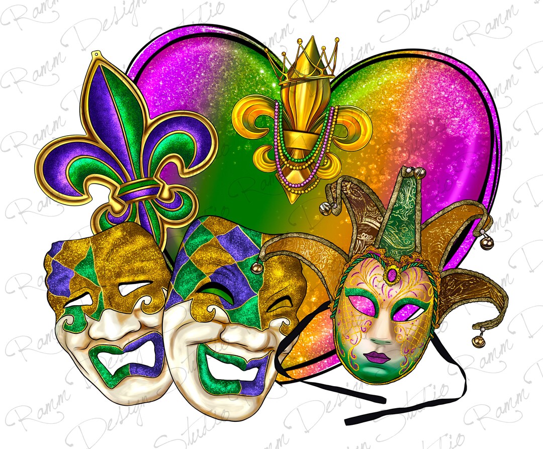 Mardi Gras Masks With Heart Png Sublimation Design,happy Mardi Gras