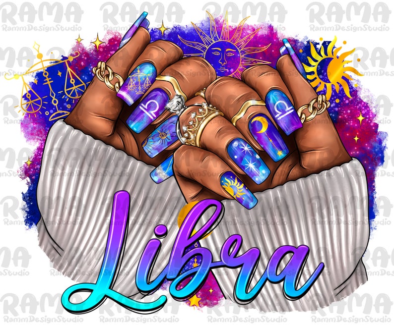 Libra Nails Black Woman Png Sublimation,Libra Zodiac Png,Horoscope Libra png,Libra zodiac shirt png,astrology Libra png,Libra Nails clipart image 1