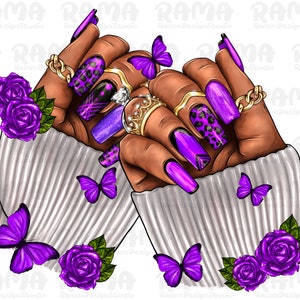 Black Woman Nails Png Sublimation Design, Black Woman Hand Png,Purple Nails Png, Nail Artists Png, Afro Nail Tech Png, Black Woman Nails Png