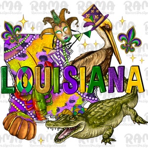 Louisiana Mardi Gras Png Sublimation Design,Louisiana Map Png,Mardi Gras Png,Fleur De Lis Png,Alligator Png,Pelican Png,Png,Digital Download
